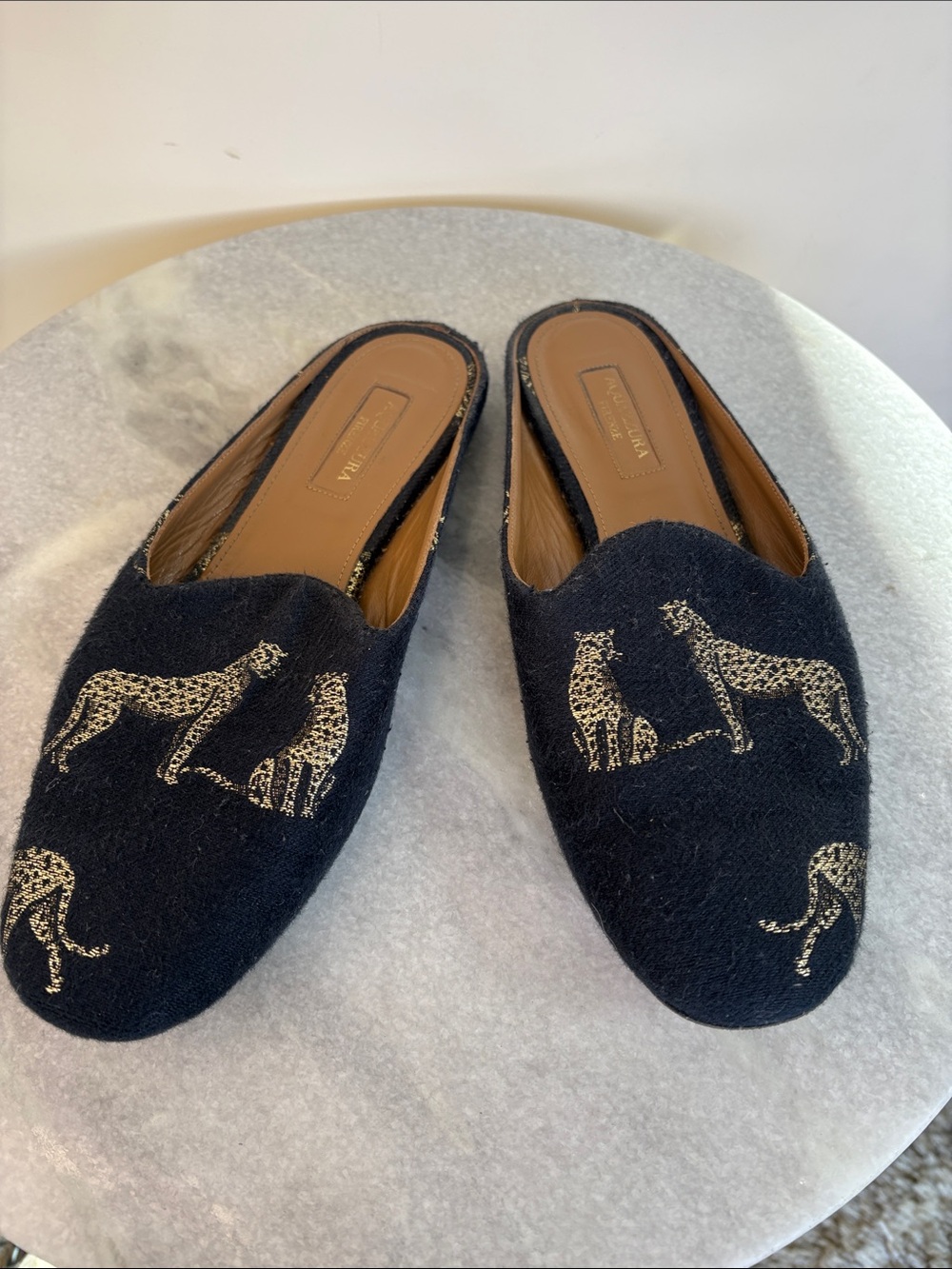Aquazurra Black Slip-On Loafers with Gold Leopard Motif-Sz 38.5 EU